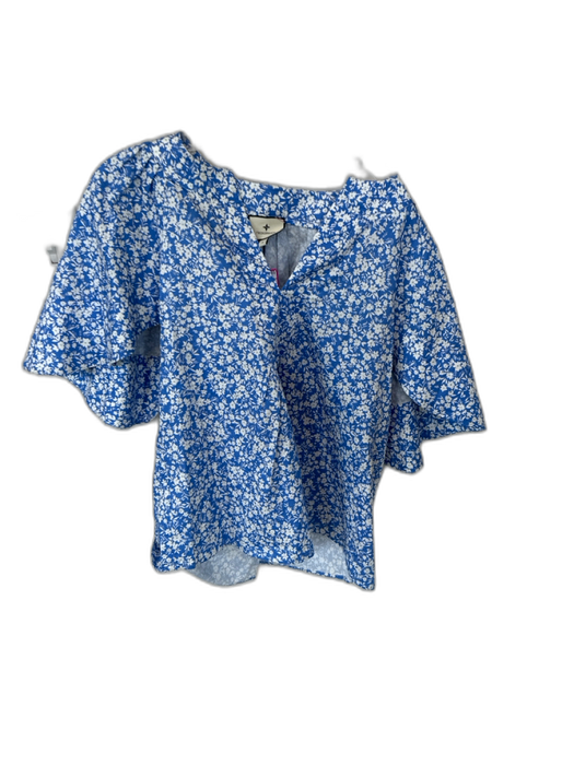 Tuckernuck Size S Blue & White Cotton 3/4 Sleeve Flowers V Neck Top Blue & White / S