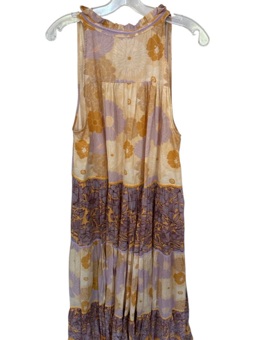 Carolina K Size XS Tan & Purple Cotton Sleeveless Flowers Buttons Maxi Dress Tan & Purple / XS