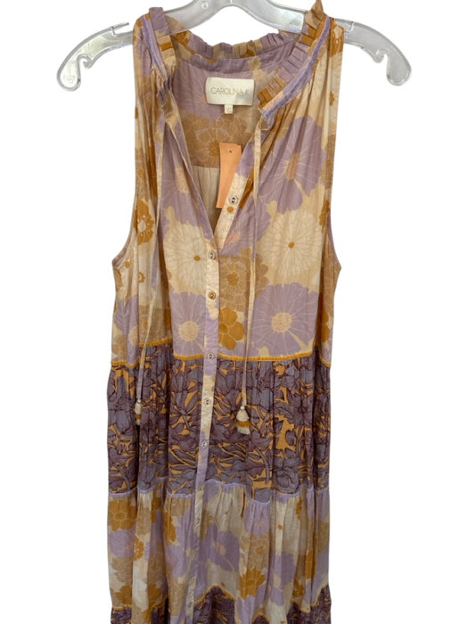 Carolina K Size XS Tan & Purple Cotton Sleeveless Flowers Buttons Maxi Dress Tan & Purple / XS