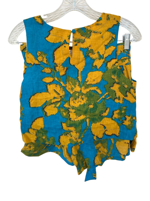 Olivia by Livro Size S Blue & Yellow Linen High Waist Flowers Belted Short Set Blue & Yellow / S