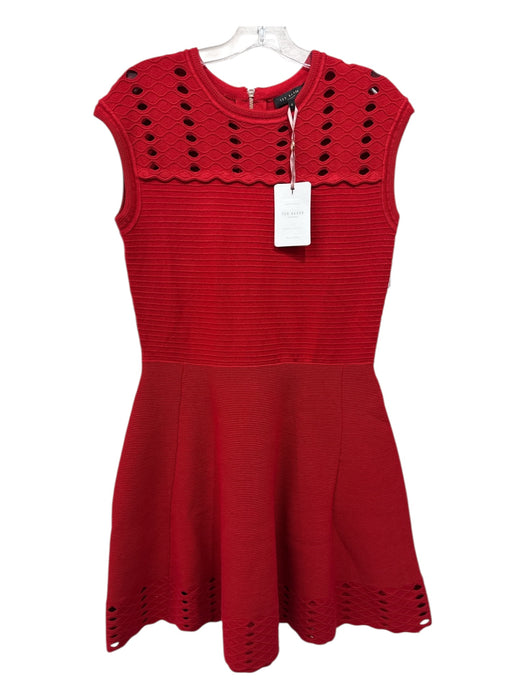 Ted Baker Size 4 Red Orange Acrylic Blend Jacquard Cut Outs Wavy Dress Red Orange / 4