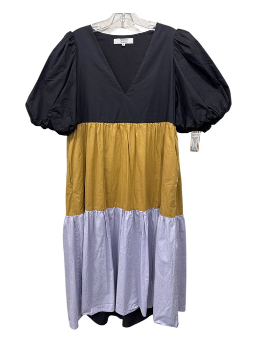 CROSBY by Mollie Burch Size M Black, Yellow, Purple Cotton V Neck Tiered Dress Black, Yellow, Purple / M