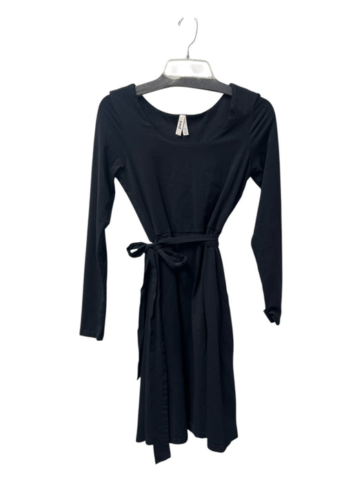 Pact Size S Black Cotton Boat Neck Long Sleeve Waist tie Knee length Dress Black / S