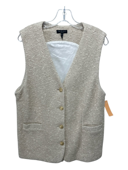 Rag & Bone Size L Cream & Beige Cotton Tweed V Neck Gold button Sleeveless Vest Cream & Beige / L