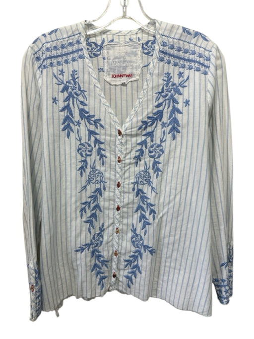 Johnny Was 3J Size XS Blue & White Cotton Embroidered Stripe Long Sleeve Top Blue & White / XS