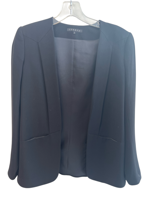 Theory Size 2 Black Wool Blend Front Pocket Padded Shoulders Open Front Blazer Black / 2