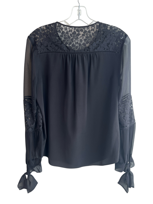 Rebecca Taylor Size 2 Black Silk V Neck 1/2 Button Lace Detail Top Black / 2