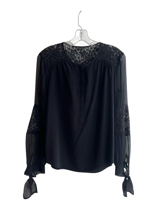 Rebecca Taylor Size 2 Black Silk V Neck 1/2 Button Lace Detail Top Black / 2