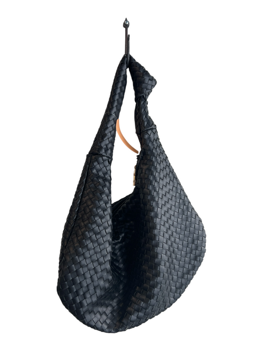 Melie Bianco Black Leather Woven Top Handle Zip Close Gold Hardware Bag Black / S