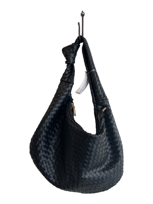 Melie Bianco Black Leather Woven Top Handle Zip Close Gold Hardware Bag Black / S