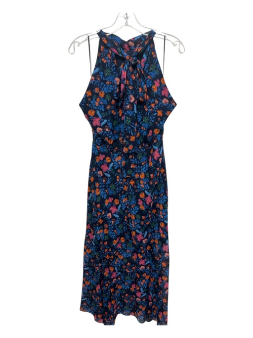 Saloni Size 6 Blue, Orange, pink Silk High Neck Floral Back Zip Midi Dress Blue, Orange, pink / 6