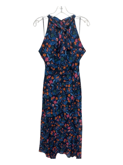 Saloni Size 6 Blue, Orange, pink Silk High Neck Floral Back Zip Midi Dress Blue, Orange, pink / 6