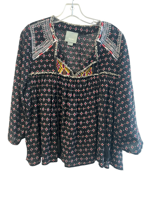 Maeve Size M Black & Multi Rayon V Neck 3/4 Sleeve Pattern Mesh Top Black & Multi / M