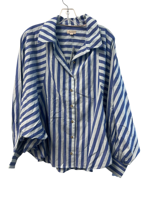 Pilcro Size 1X Light & Dark  Blue 100% Cotton Collar Button Down Puff Sleeve Top Light & Dark  Blue / 1X