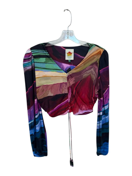 Farm Rio Size XS Multi Viscose Water Color Drawstring Long Sleeve Cropped Top Multi / XS