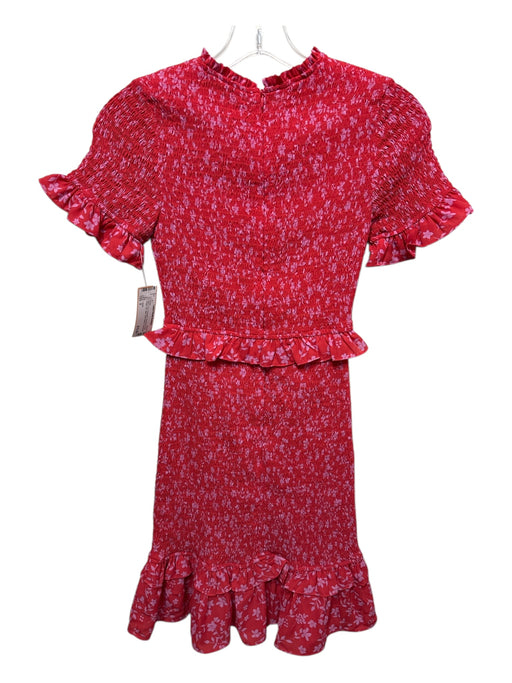 Likely Size 0 Red & Pink Polyester Smocked Floral Ruffle Trim Mini Dress Red & Pink / 0
