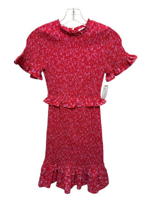 Likely Size 0 Red & Pink Polyester Smocked Floral Ruffle Trim Mini Dress Red & Pink / 0