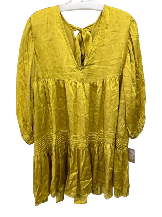 Cleobella Size S Chartreuse Viscose V Neck Tie Detail Tiered Puff Sleeve Dress Chartreuse / S