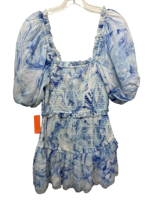 Saylor Size S Blue & White Viscose Marbled smocked Tiered Puff Sleeve Dress Blue & White / S