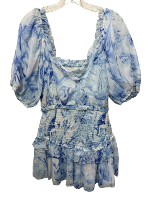 Saylor Size S Blue & White Viscose Marbled smocked Tiered Puff Sleeve Dress Blue & White / S