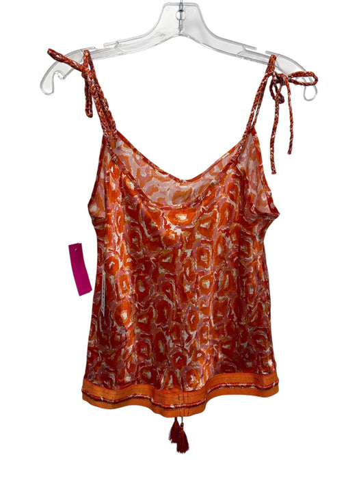 Shug! Size L Orange & White Silk Sleeveless Tank Abstract Print Short Set Orange & White / L