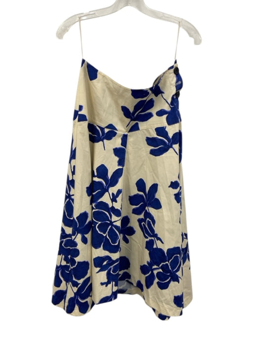 Zara Size M Cream & Blue Cotton Side Button Floral Print Midi Skirt Cream & Blue / M