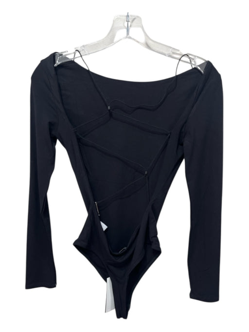 Sans Faff Size XS Black Viscose Blend Long Sleeve Lace Up Back Thong Bodysuit Black / XS