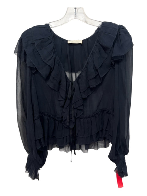 Ulla Johnson Size 0 Navy & Black Silk Long Sleeve Ruffles Sheer Bow Detail Top Navy & Black / 0
