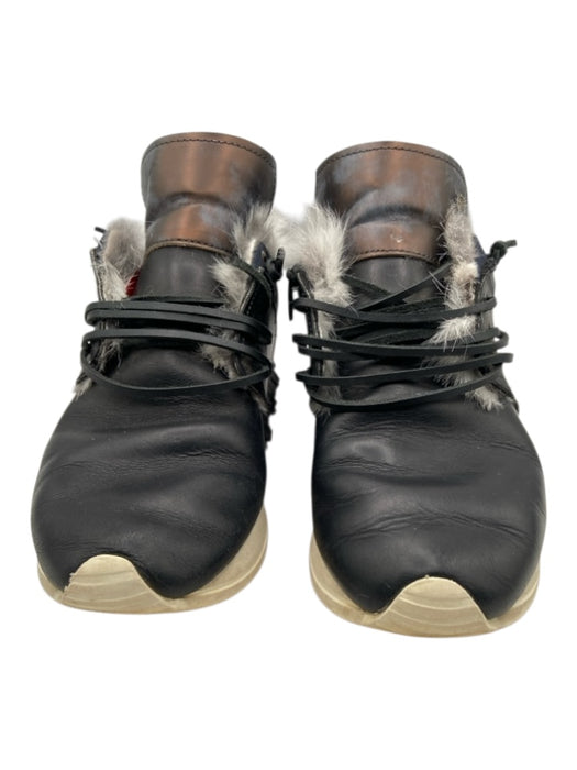 Esseutesse Shoe Size 38 Black & Gray Leather Fur Trim Leather Cord Sneakers Black & Gray / 38