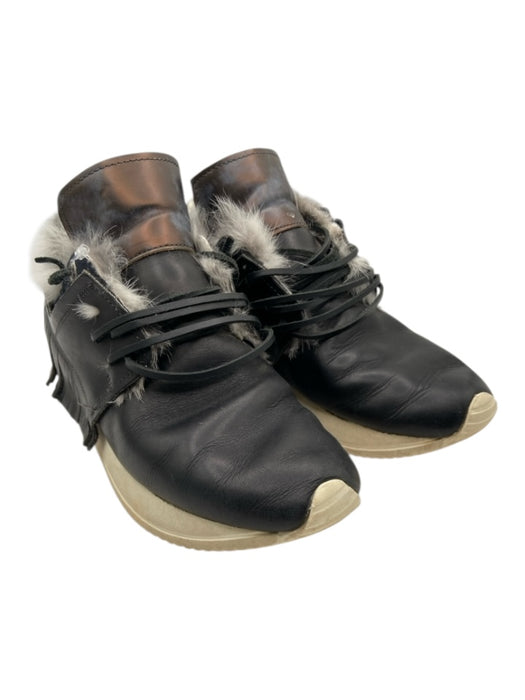 Esseutesse Shoe Size 38 Black & Gray Leather Fur Trim Leather Cord Sneakers Black & Gray / 38