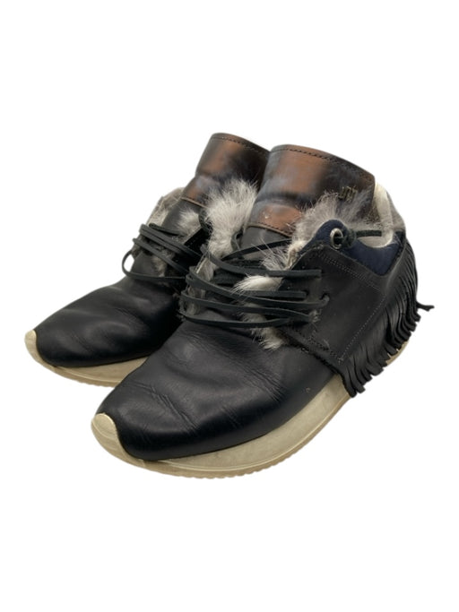 Esseutesse Shoe Size 38 Black & Gray Leather Fur Trim Leather Cord Sneakers Black & Gray / 38