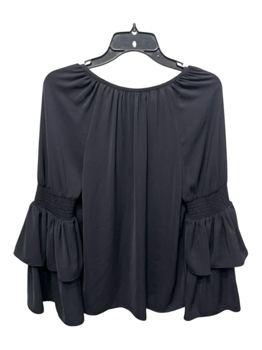 Ramy Brook Size M Black Polyester Smocked Detail Split V neck Tiered Sleeve Top Black / M