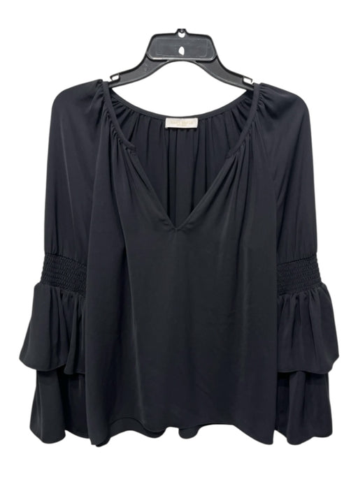 Ramy Brook Size M Black Polyester Smocked Detail Split V neck Tiered Sleeve Top Black / M