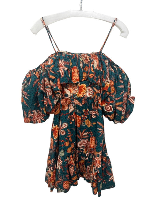 Ulla Johnson Size 00 Teal & Orange Cotton Short Puff Sleeve Floral Dress Teal & Orange / 00