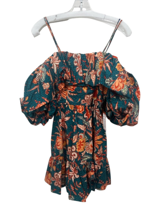 Ulla Johnson Size 00 Teal & Orange Cotton Short Puff Sleeve Floral Dress Teal & Orange / 00
