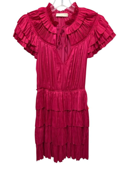 Ulla Johnson Size 00 Hot pink Polyester Ruffle Cap Sleeve Pleated V Neck Dress Hot pink / 00