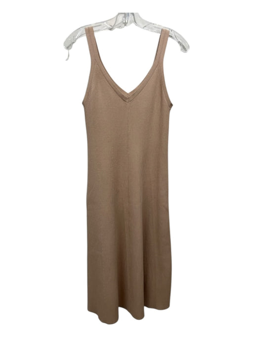 Elie Tahari Size Large Tan Viscose Blend Sleeveless Ribbed Knit Double V Dress Tan / Large