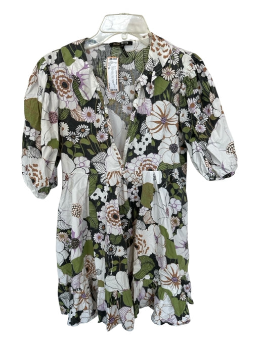 Maje Size 38 Green & White Cotton 3/4 Balloon Sleeve Flowers Collar Dress Green & White / 38