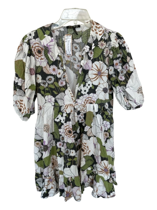 Maje Size 38 Green & White Cotton 3/4 Balloon Sleeve Flowers Collar Dress Green & White / 38