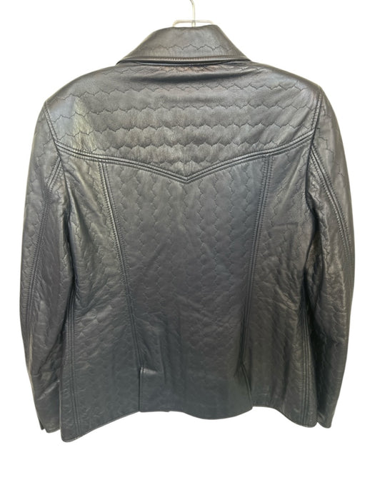 Salvatore Ferragamo Size 8 Navy Leather Embroidered Snap Button Jacket Navy / 8