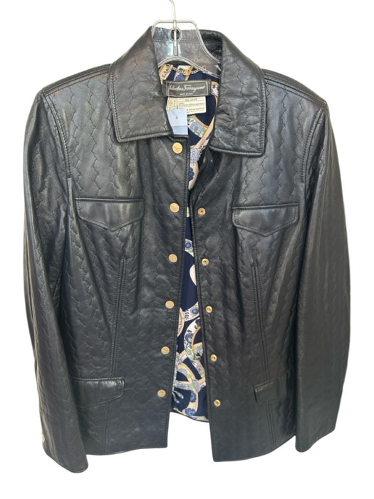 Salvatore Ferragamo Size 8 Navy Leather Embroidered Snap Button Jacket Navy / 8