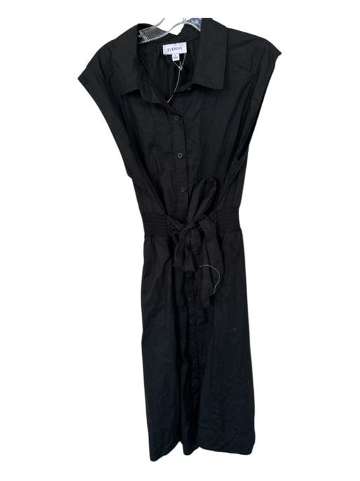 Evereve Size L Black Cotton Cap Sleeve Collar Button Down Front Tie Dress Black / L