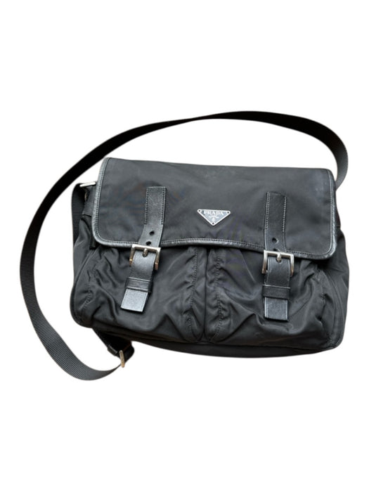 Prada Black Nylon & Leather Front Flap Buckles Crossbody Silver hardware Bag Black / M