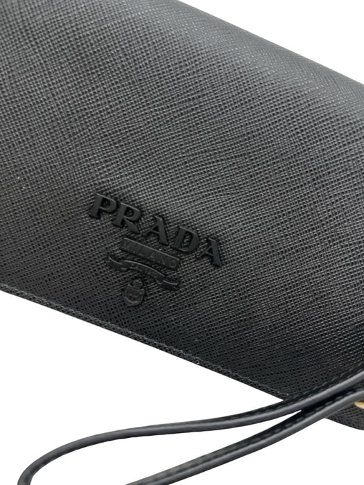 Prada Black Saffiano Leather Flap Logo Wristlet WOC Bag Black / Mini