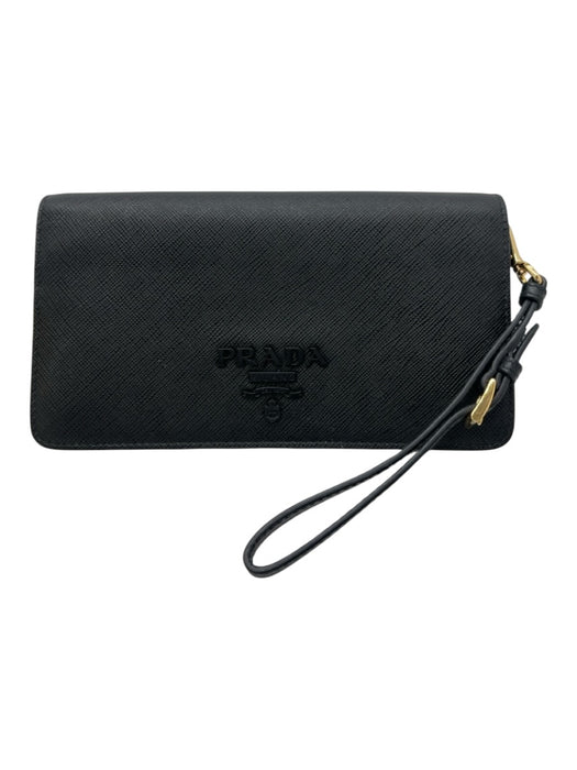 Prada Black Saffiano Leather Flap Logo Wristlet WOC Bag Black / Mini