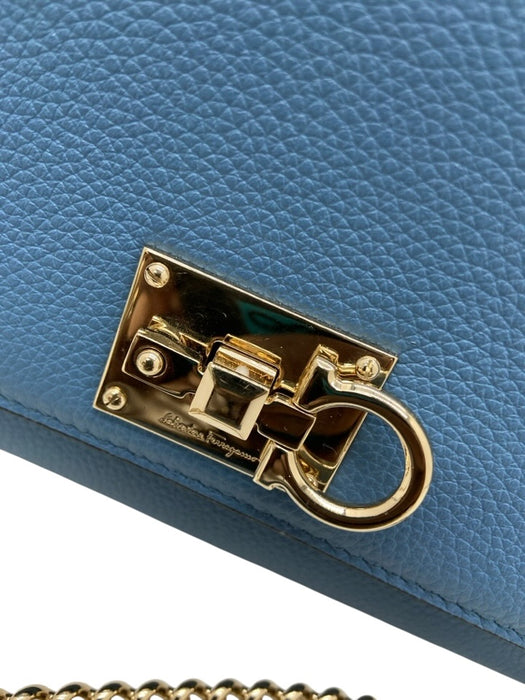Salvatore Ferragamo Light Blue Grain Leather Flap Turn Lock Chain Strap flap Bag Light Blue / Small