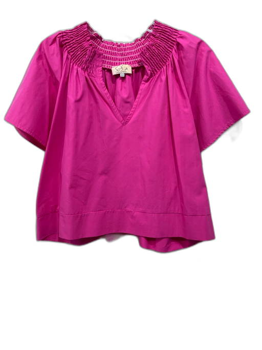 Sofia Size XS/S Pink Cotton Blend Shirred Neckline V Neck Short Sleeve Boxy Top Pink / XS/S