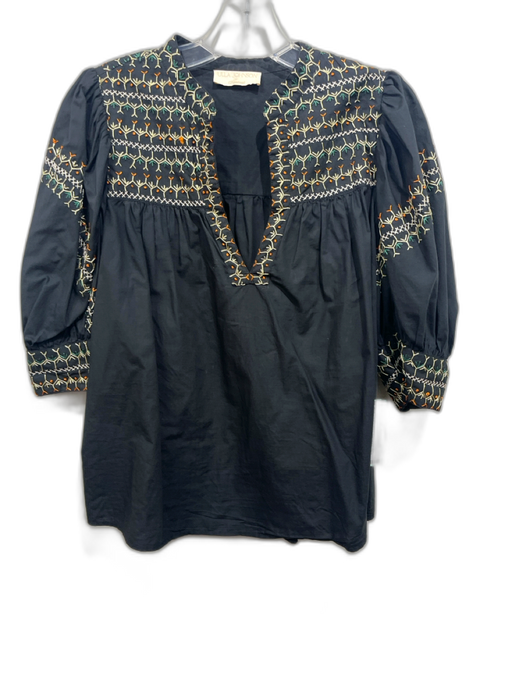 Ulla Johnson Size 10 Black, Yellow & Green Cotton Short Balloon Sleeve Boxy Top Black, Yellow & Green / 10