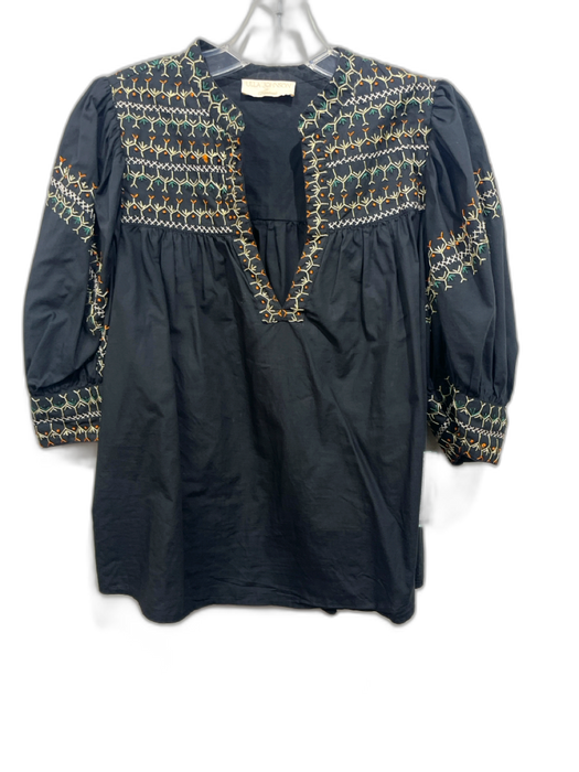 Ulla Johnson Size 10 Black, Yellow & Green Cotton Short Balloon Sleeve Boxy Top Black, Yellow & Green / 10