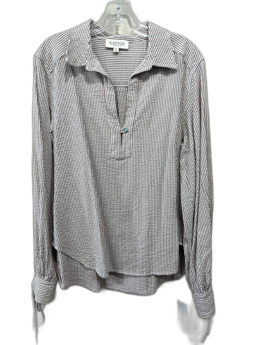 Nation Size M Brown & White Viscose Blend Seersucker Vertical Stripes V Neck Top Brown & White / M